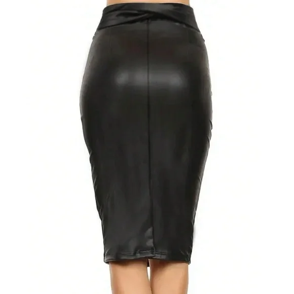 Classic Vegan Leather Belted High waisted Midi Skirt - Picture 5 of 6